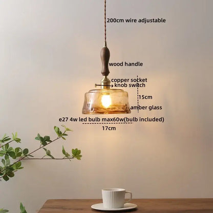Modern textured warm amber glass copper led pendant light with wooden handle and adjustable 200cm wire for kitchen