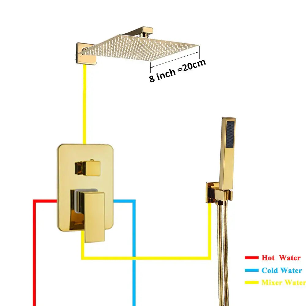 Modern textured gold rain shower faucet set with square rain shower head and matching wall-mounted control valve by decorbites gold rain