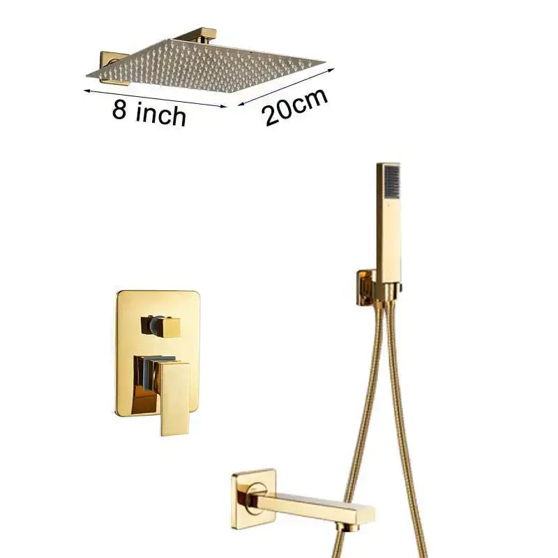 Modern textured gold rain shower set featuring a gold-finished square showerhead with matching wall controls and handheld for bathroom decorbites gold rain shower fixtures