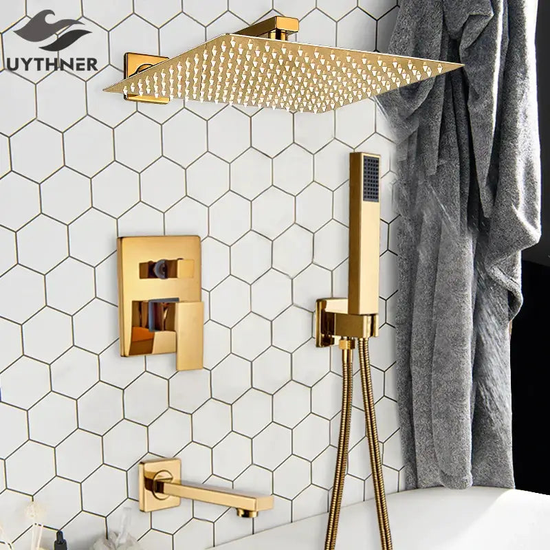 Modern textured gold rain shower set with square rain shower head and matching wall mounted decorbites gold rain fixtures