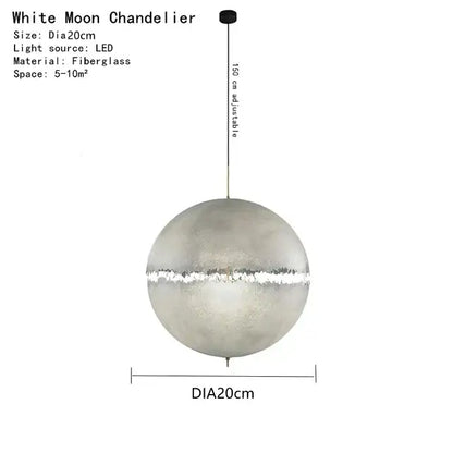 Modern textured white fibreglass moon pendant chandelier with silver crackled band and adjustable led light decorbites designer moon