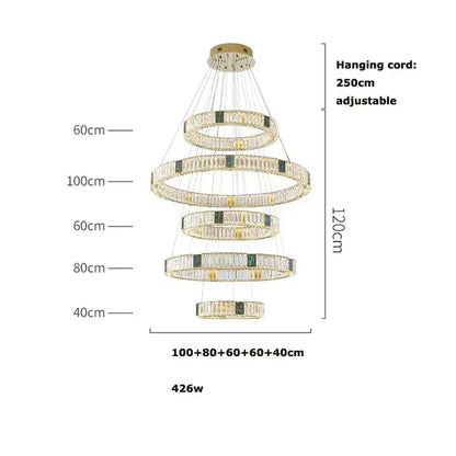 Modern three tier crystal golden led ring chandelier with gold-toned metal accents and adjustable hanging cord decorbites golden led