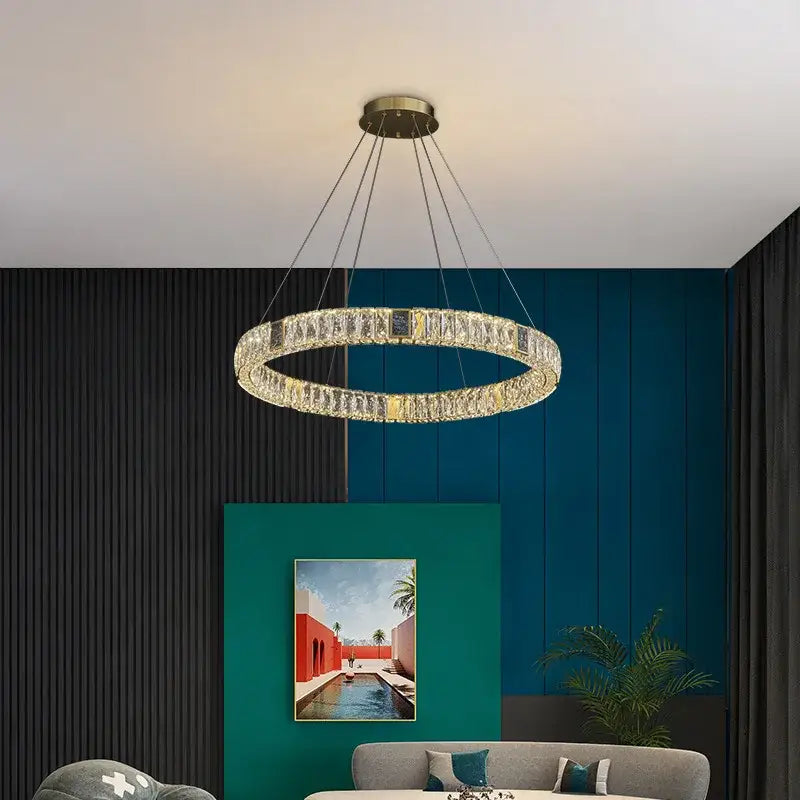 Modern three tier crystal golden led ring chandelier with a gold-toned metal frame and clear faceted crystals for dining room decorbites golden led
