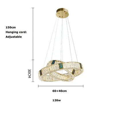 Modern three tier crystal golden led ring chandelier with interlocking rings and green accents for dining room decorbites golden led