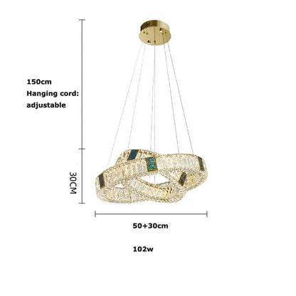 Modern three tier crystal golden led ring chandelier with gold-toned rings and green accents for dining room decorbites golden led
