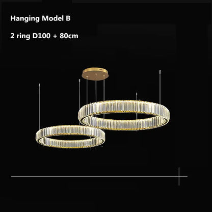 Modern three tier gold crystal led chandelier featuring interlocking rings with clear rods by decorbites crystal led