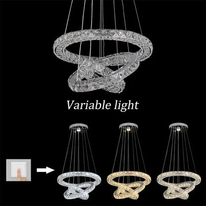 Modern three tier spiral crystal led chandelier in silver gold and clear finishes with crystal led decorbites double-ring design