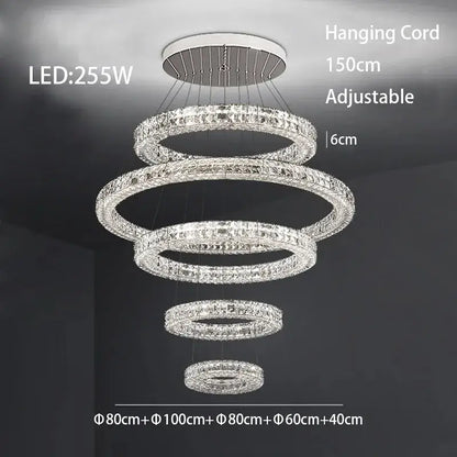 Modern three tiered decorbites crystal led chandelier with five concentric rings and 150cm adjustable hanging cord