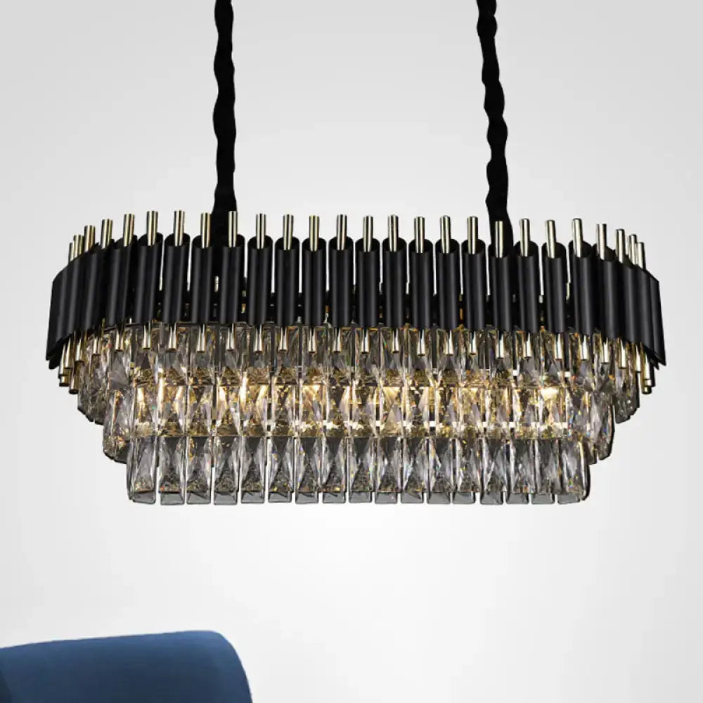 Modern tiered black and gold ceiling light with cascading clear crystal prisms for kitchen island lighting