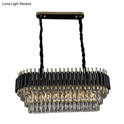 Modern tiered black and clear crystal rectangular ceiling light with cascading prisms for kitchen island lighting