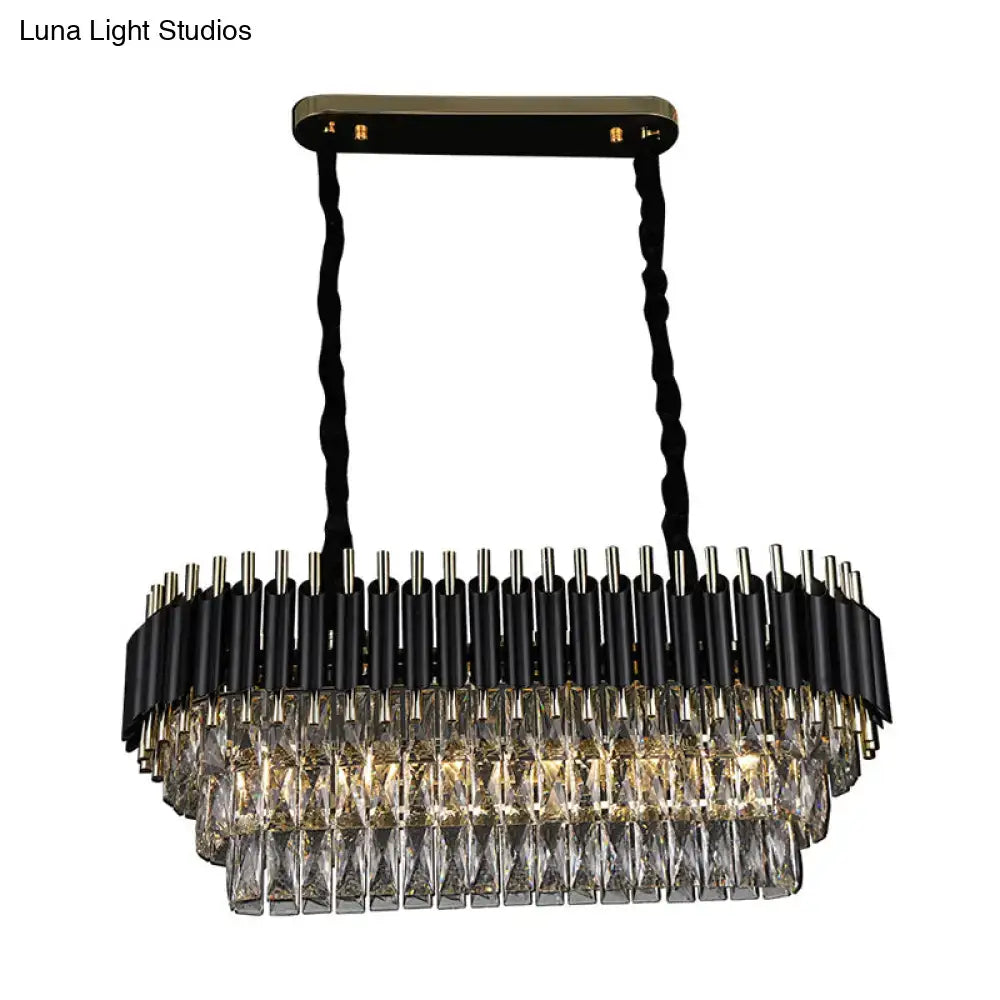 Modern tiered black and clear crystal ceiling light with cascading prisms for kitchen island lighting