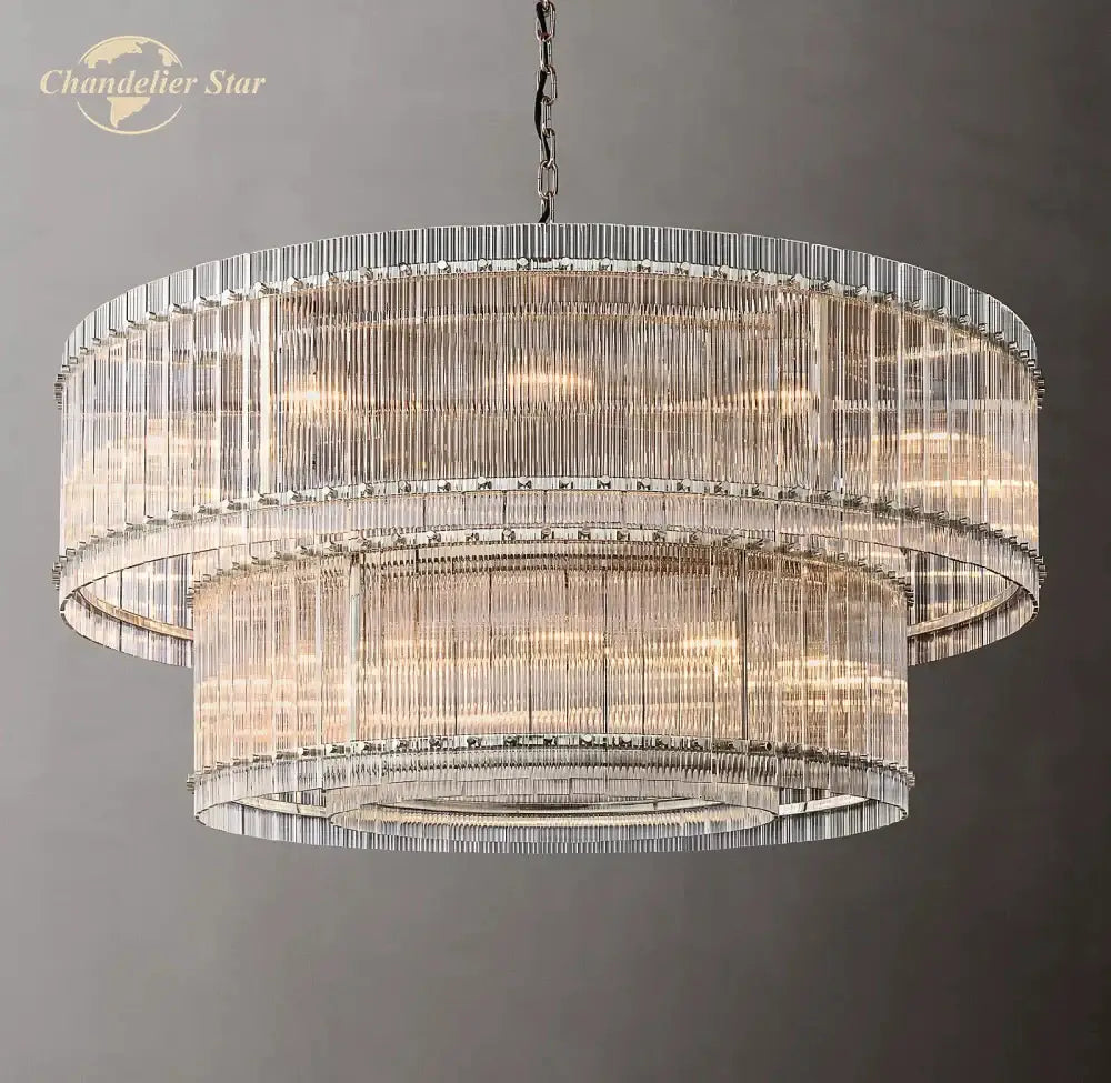 Modern tiered clear led glass chandelier with cascading crystal rods and polished chrome frame for living room decorbites clear led