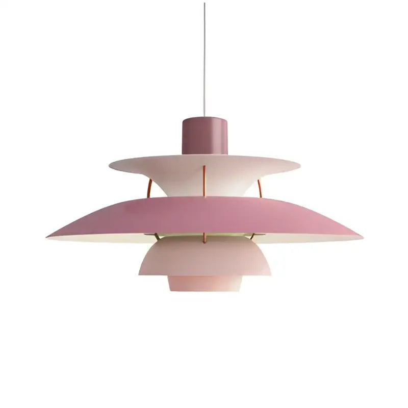 Pastel pink layered metal hanging light with modern tiered design by decorbites danish designer suspension lamp