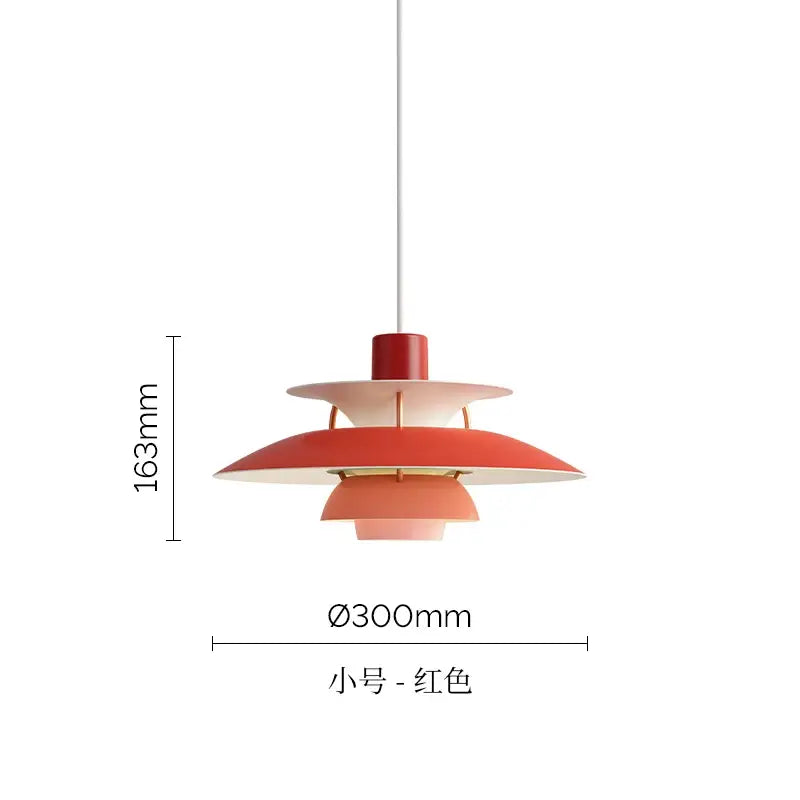 Modern red tiered metal hanging light with gold accents featuring a layered design by Decorbites Danish designer suspension lamp