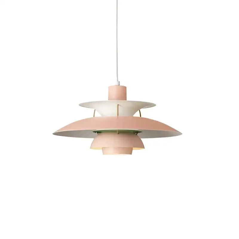 Pastel pink layered metal hanging light with modern tiered design by decorbites danish designer suspension lamp