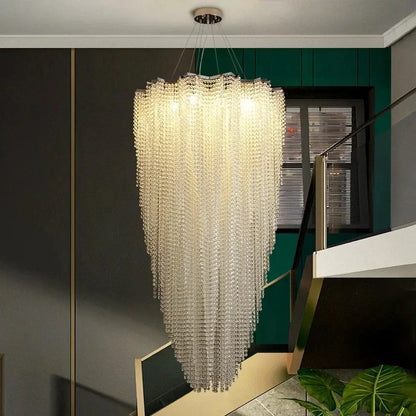 Modern tiered decorbites colorful crystal chandelier with clear crystal beads and metallic mount for staircase decor