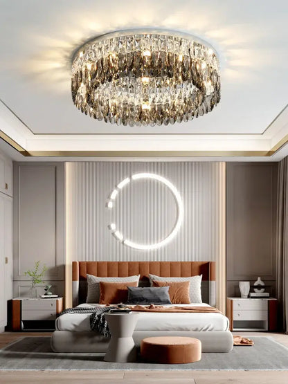 Modern tiered decorbites crystal chrome ceiling lamp with circular faceted crystals and metallic frame for living room