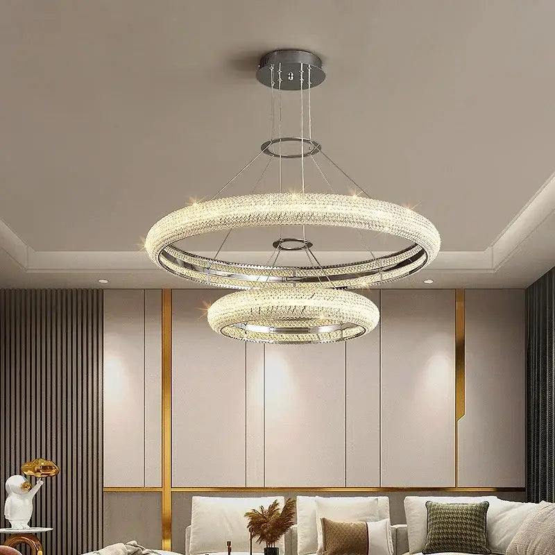Modern tiered elegant chrome crystal chandelier with double-ring design and crystal accents for dining room decorbites elegant chrome