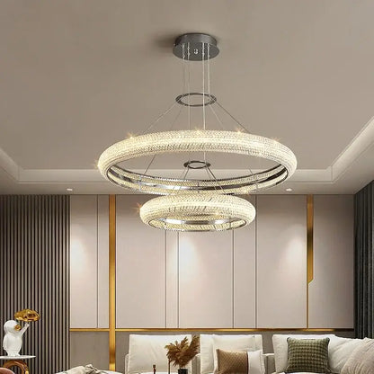 Modern tiered elegant chrome crystal chandelier with double-ring design and crystal accents for dining room decorbites elegant chrome