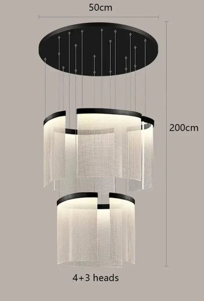 Modern black-framed LED ceiling chandelier with three-tier translucent mesh shades for elegant dining room lighting