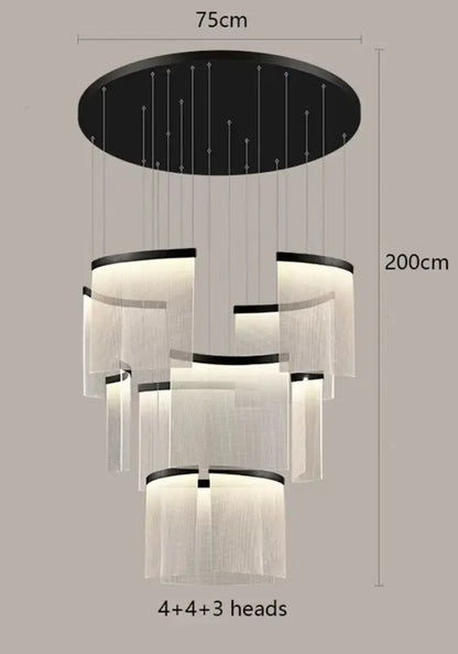 Modern black and white tiered ceiling chandelier with cascading translucent fabric shades elegant led ceiling lighting for dining room