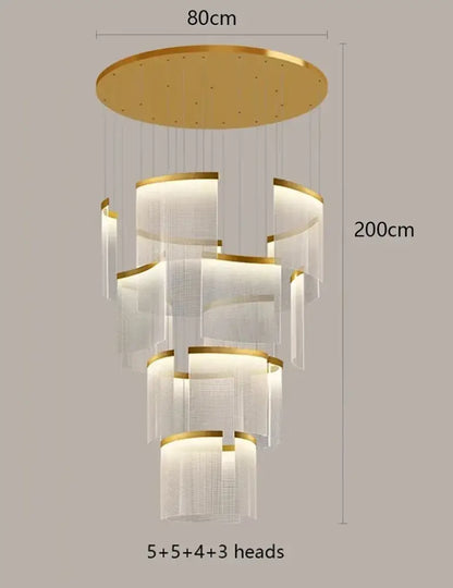 Modern tiered gold led ceiling chandelier with translucent glass shades and illuminated circular frames for dining room