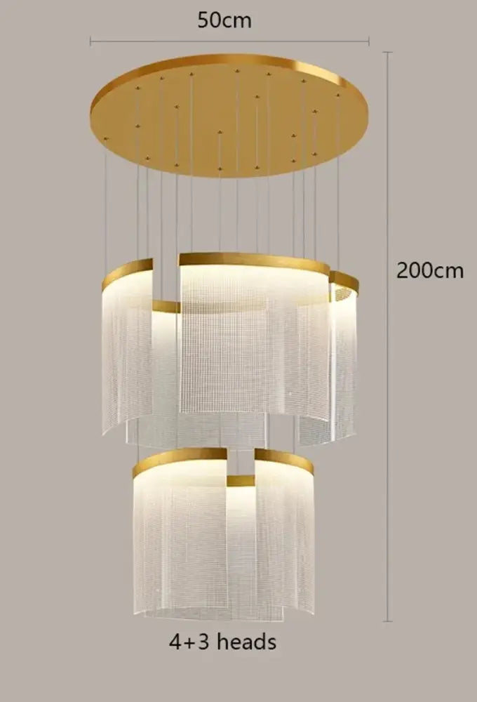 Modern tiered gold led ceiling chandelier with translucent mesh shades and three illuminated tiers for dining room