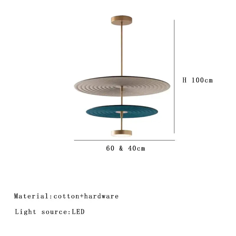 Modern tiered dimmable cotton chandelier in maroon and teal with concentric discs and brass rod for living room decorbites dimmable