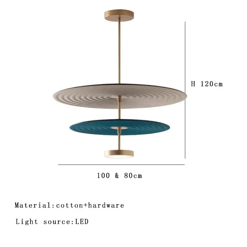 Modern two-tiered decorbites dimmable cotton chandelier in maroon and teal with concentric discs and brass rod for living room decor