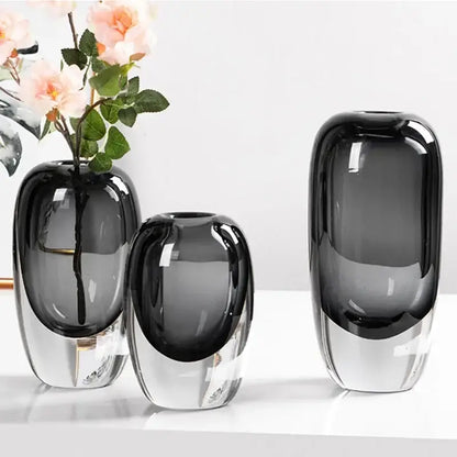 Set of three modern translucent black crystal glass flower vases with gradient decorbites crystal glass design for living room decor