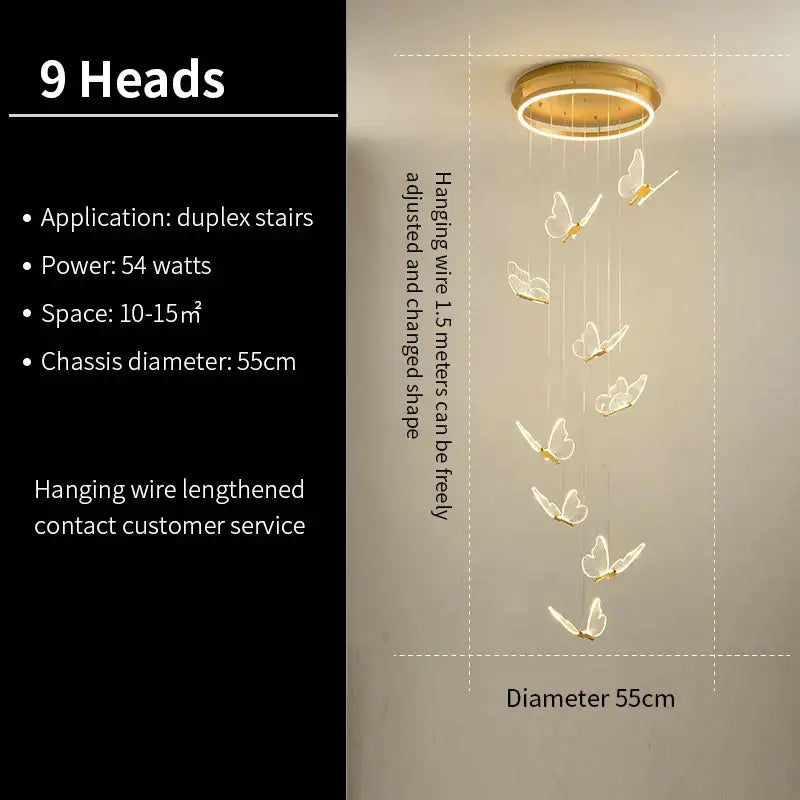 Gold-toned modern translucent butterfly staircase pendant lights with nine illuminated butterfly-shaped decorbites butterfly staircase fixture