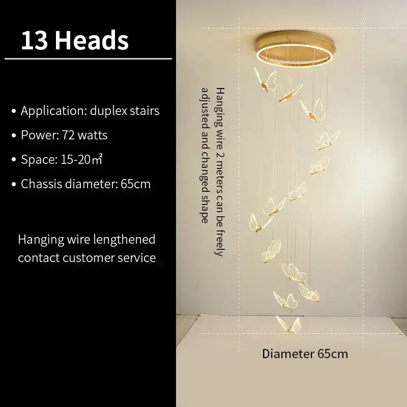 Modern pendant lights with circular wooden base and 13 translucent illuminated butterfly staircase pendant decorbites design