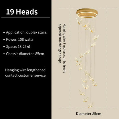 A modern pendant lights fixture with 19 golden butterfly staircase pendant lights on a brass-toned ceiling mount