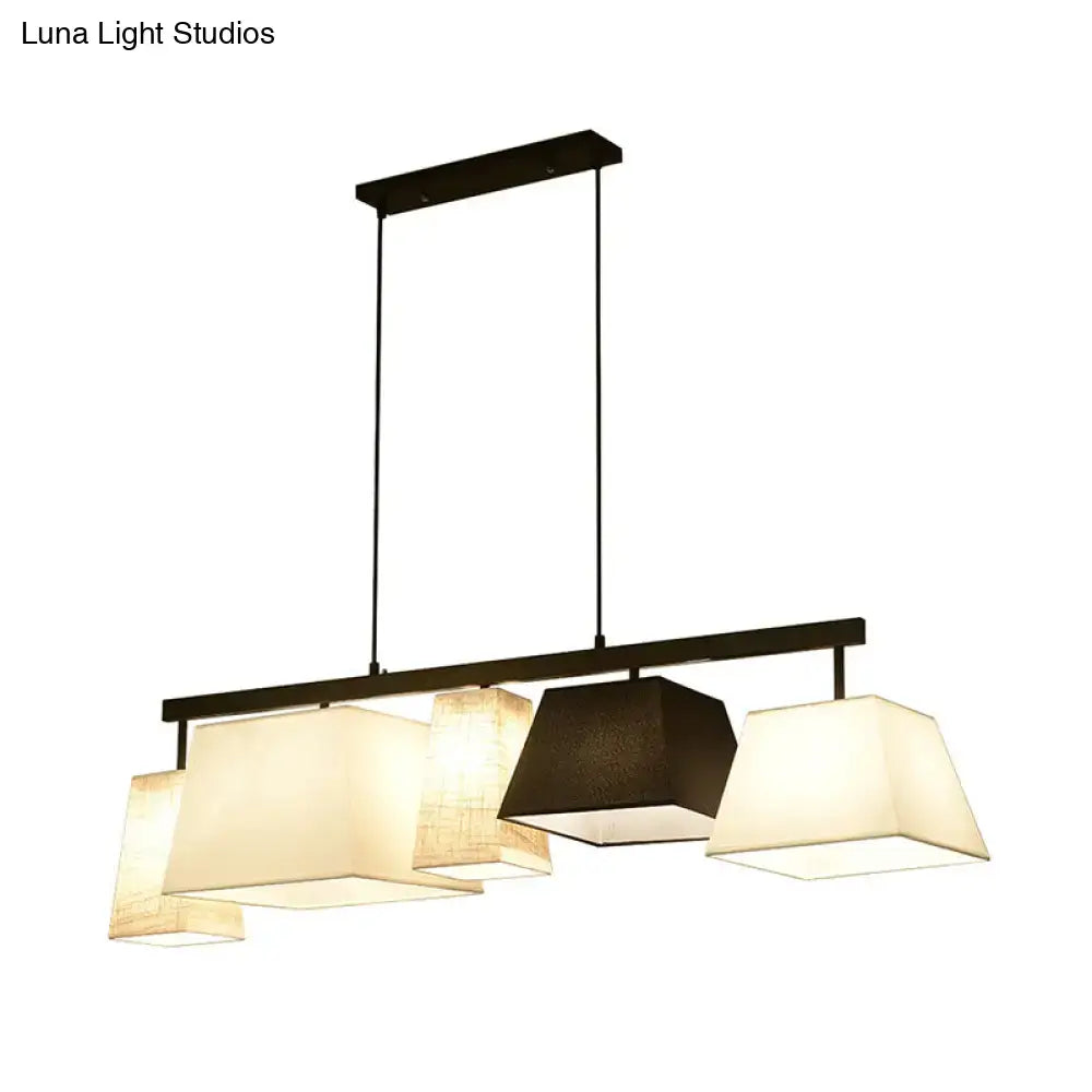 Modern black metal hanging lamp DecorBites™ with five off-white and dark brown fabric trapezoid shades island light
