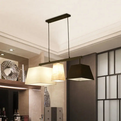 Modern rectangular pendant hanging lamp with off-white beige and black fabric lampshades for island light use