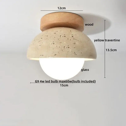 Modern travertine and walnut led ceiling lamp with wooden top yellow travertine dome and glass bulb housing ceiling light