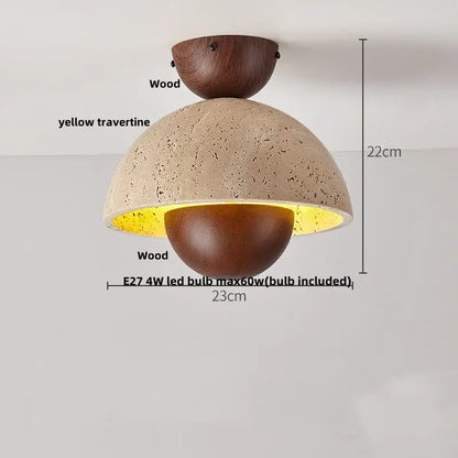 Modern travertine and walnut led ceiling lamp with yellow travertine dome and warm wood for decorbites led ceiling light
