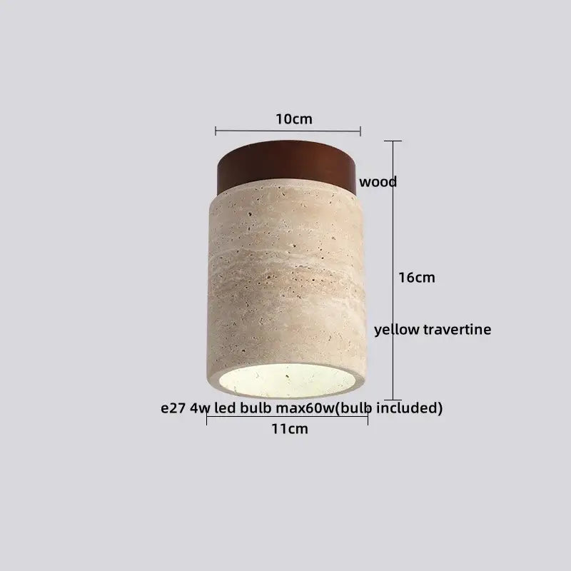 Modern travertine and walnut led ceiling lamp with a dark wood top and textured yellow travertine body for living room decorbites led ceiling light