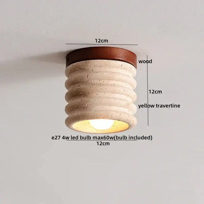Modern travertine and walnut led ceiling lamp with a rounded design featuring warm wood top and textured yellow travertine body