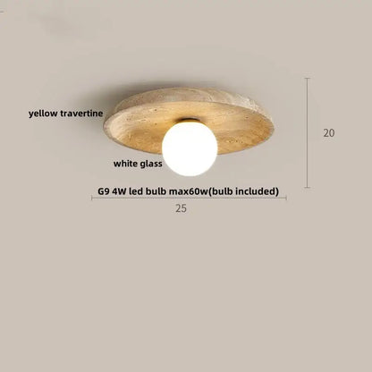 Modern travertine and walnut decorbites led ceiling light with circular yellow travertine and white glass globe