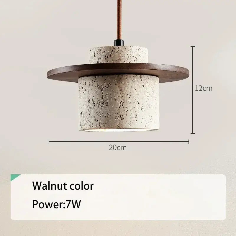 Modern travertine and walnut pendant light with a rustic concrete cylindrical body and wooden accent for led bulb use