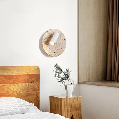 Modern travertine and white led wall light with circular cork sconce featuring decorbites led wall reading lamp design