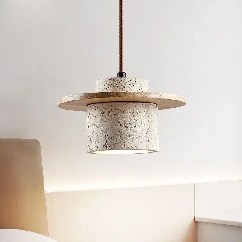 Modern Travertine Stone Pendant Light With Walnut Accent - Decorbites