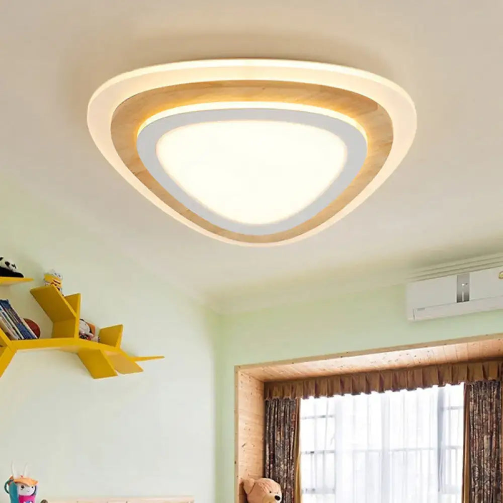 Modern triangular kids room LED flush mount ceiling light with warm wood finish and layered white and gray rings
