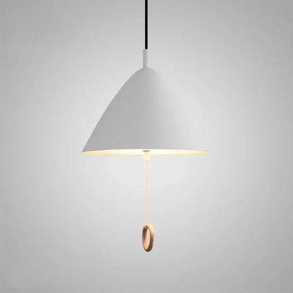 White conical pendant light with warm wooden ring and black cord suspension decorbites designer pendant light for dining room