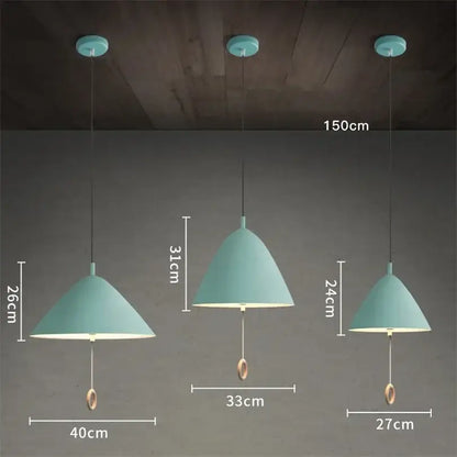 Set of three modern teal designer pendant lights with conical shades and brass pull chains for dining room decorbites pendant light