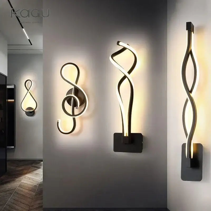 Modern twisted black led wall lamps with sleek design emitting warm white light for bedroom lighting