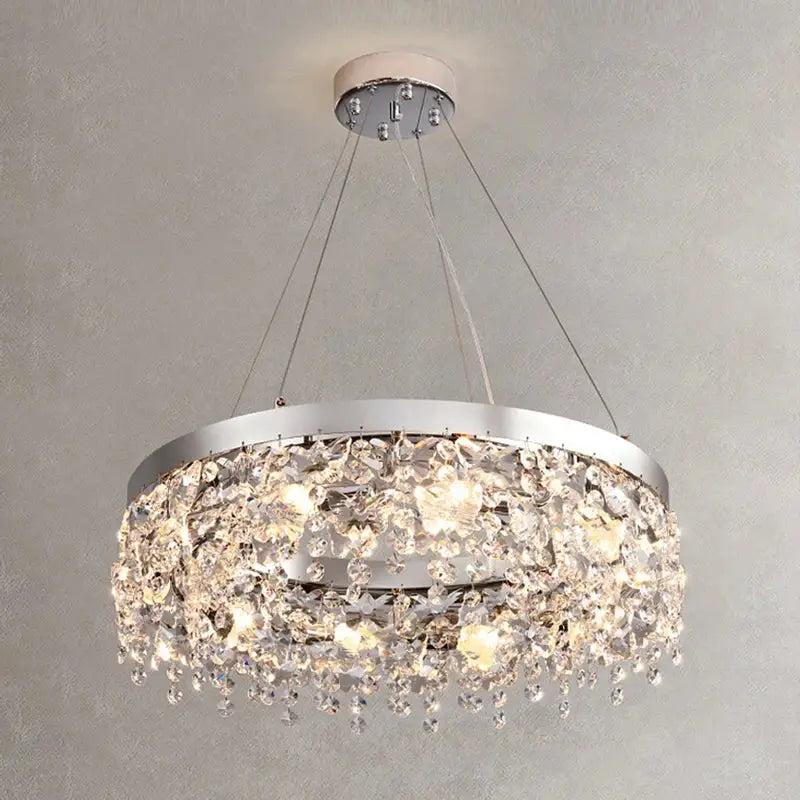 Modern two tier chrome decorbites crystal chandelier with cascading clear crystal droplets for living room light