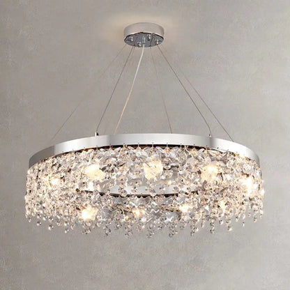 Modern two tier chrome decorbites crystal chandelier with polished frame and cascading clear crystal droplets for living room light