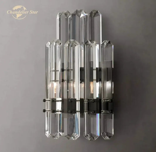 Modern two tier crystal led wall sconce with faceted clear glass rods and black metal accents for bedroom decorbites crystal led